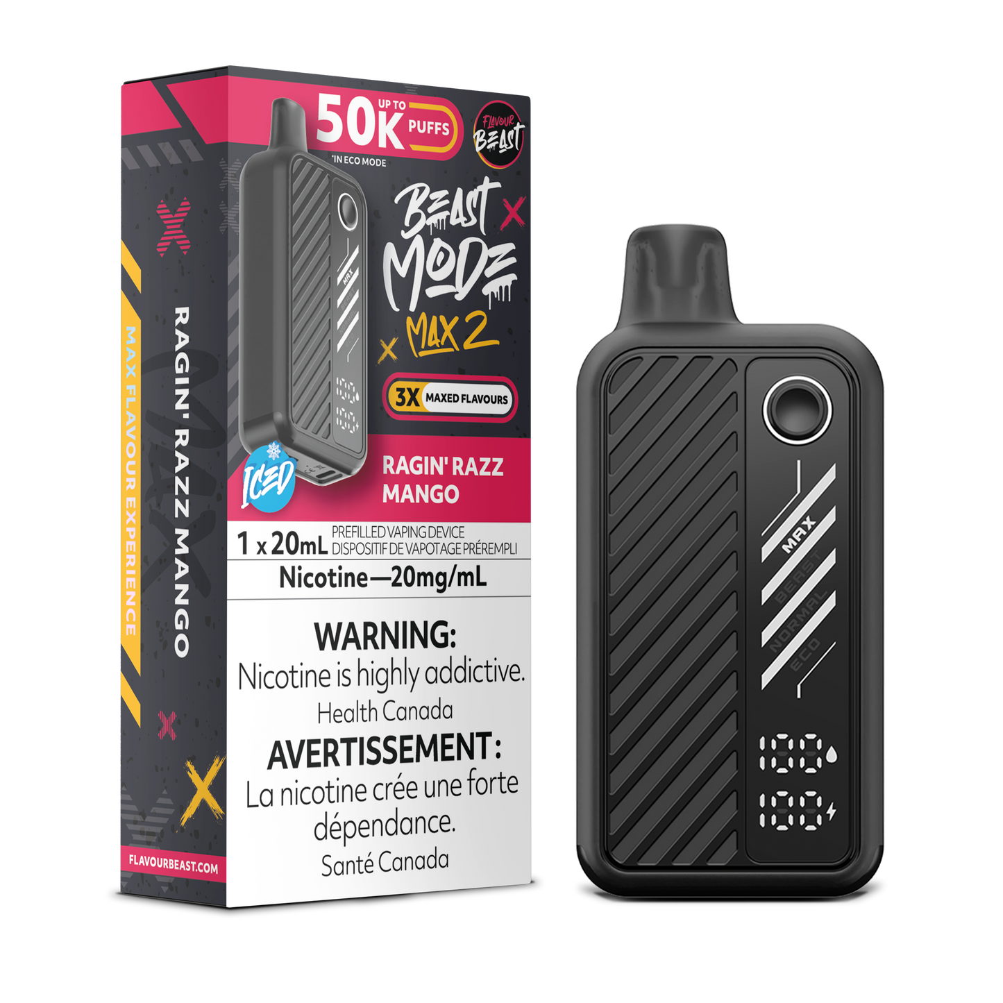 Ragin' Razz Mango (Iced) Vape -Beast Mode Max 2 - 50K Puffs | Disposable Canada
