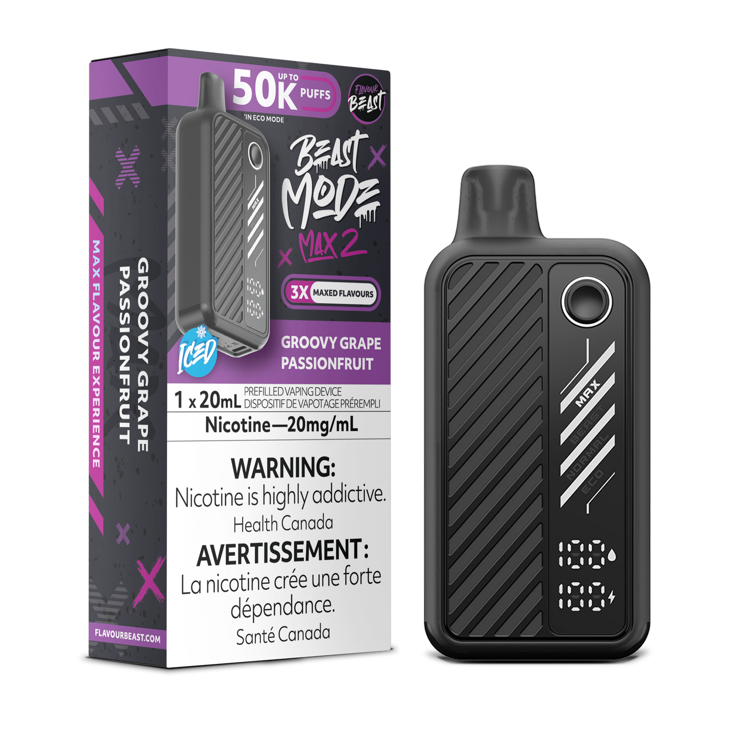 FLAVOUR BEAST Mode Max 2 Groovy Grape Passionfruit Iced box disposable vape