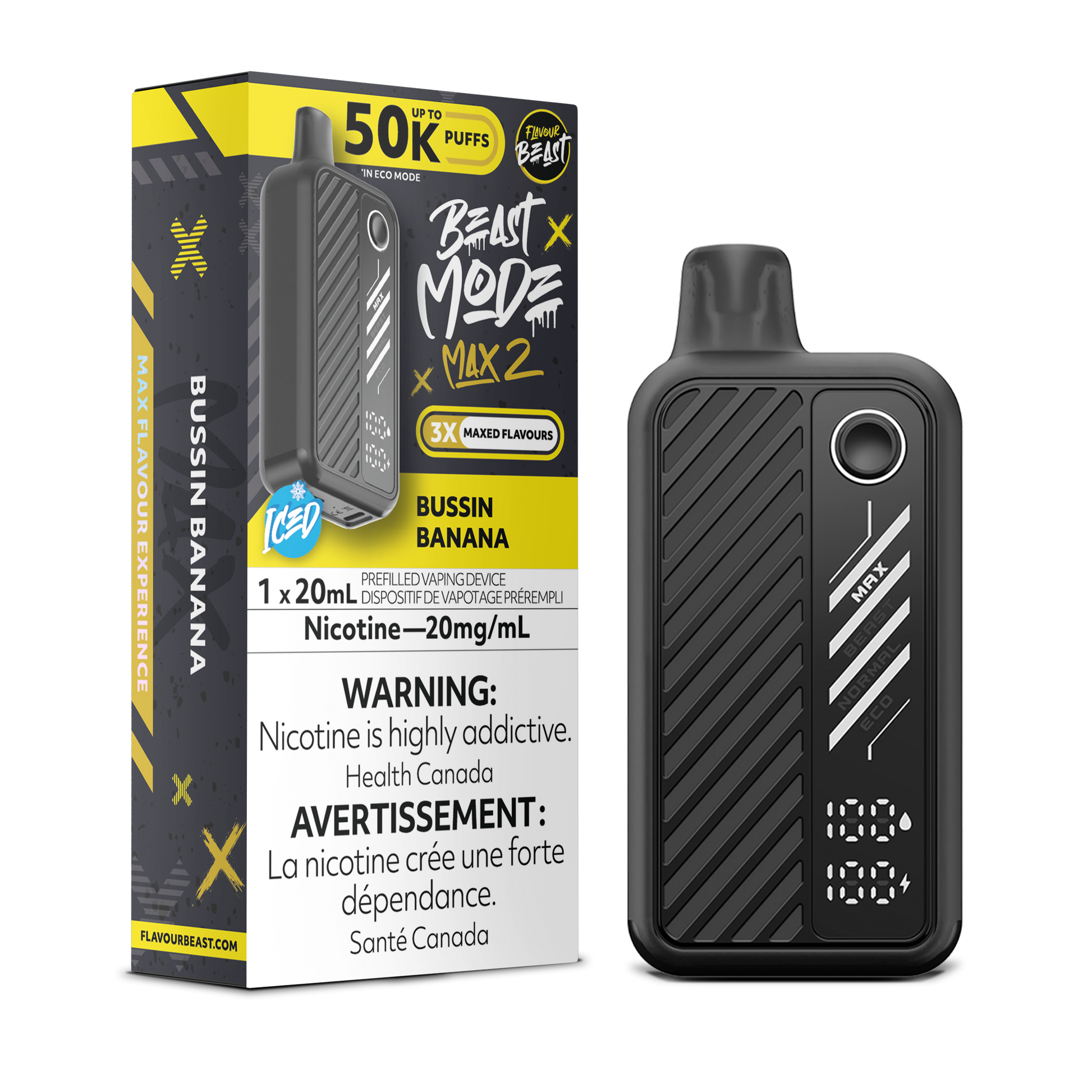 Bussin' Banana (Iced) Vape - Beast Mode Max 2 -  50K Puffs |  Disposable Canada